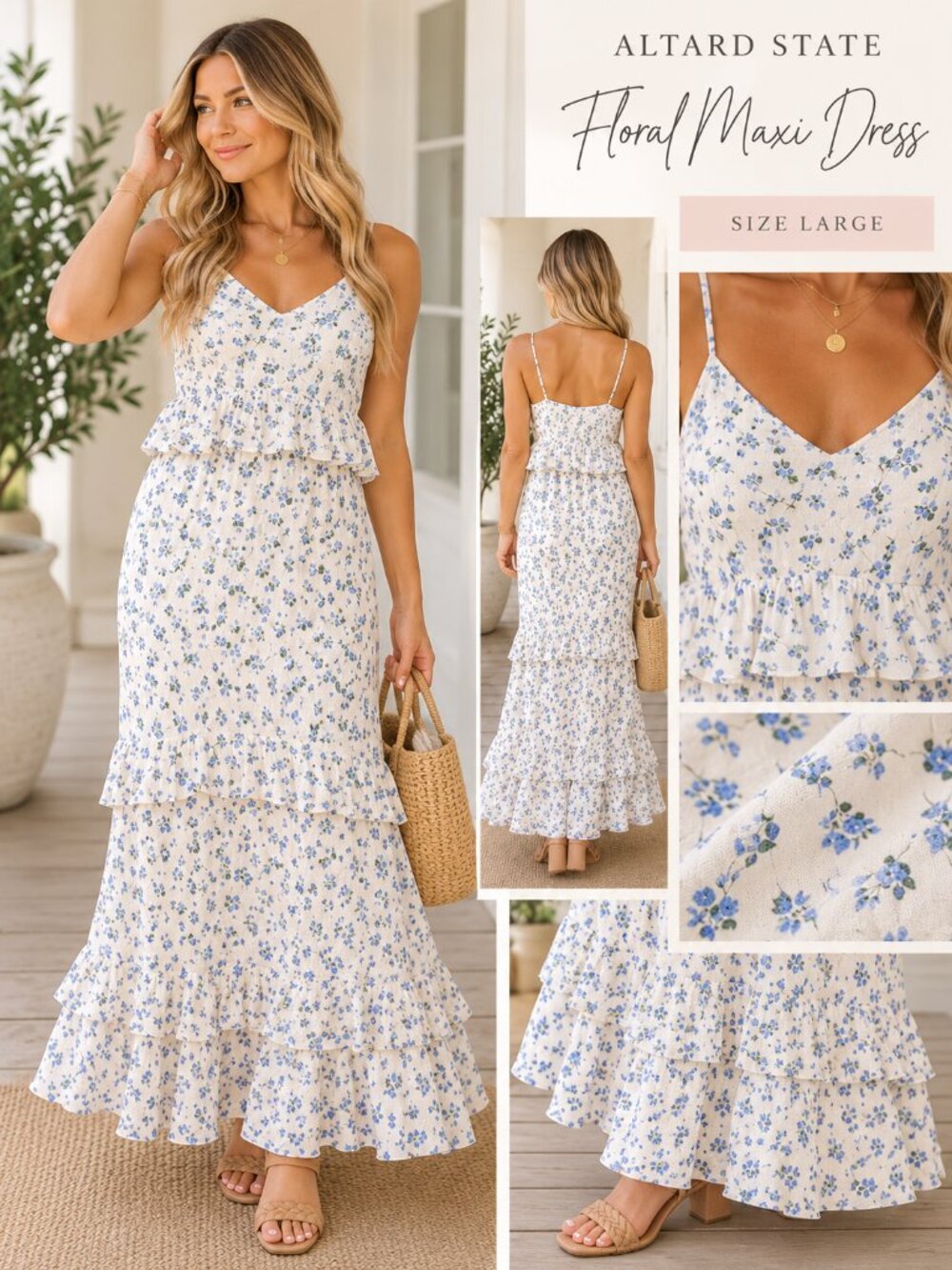 🌸 Altar'd State Ivory Blue Floral Tiered Ruffle Maxi Dress NWT Large Size L